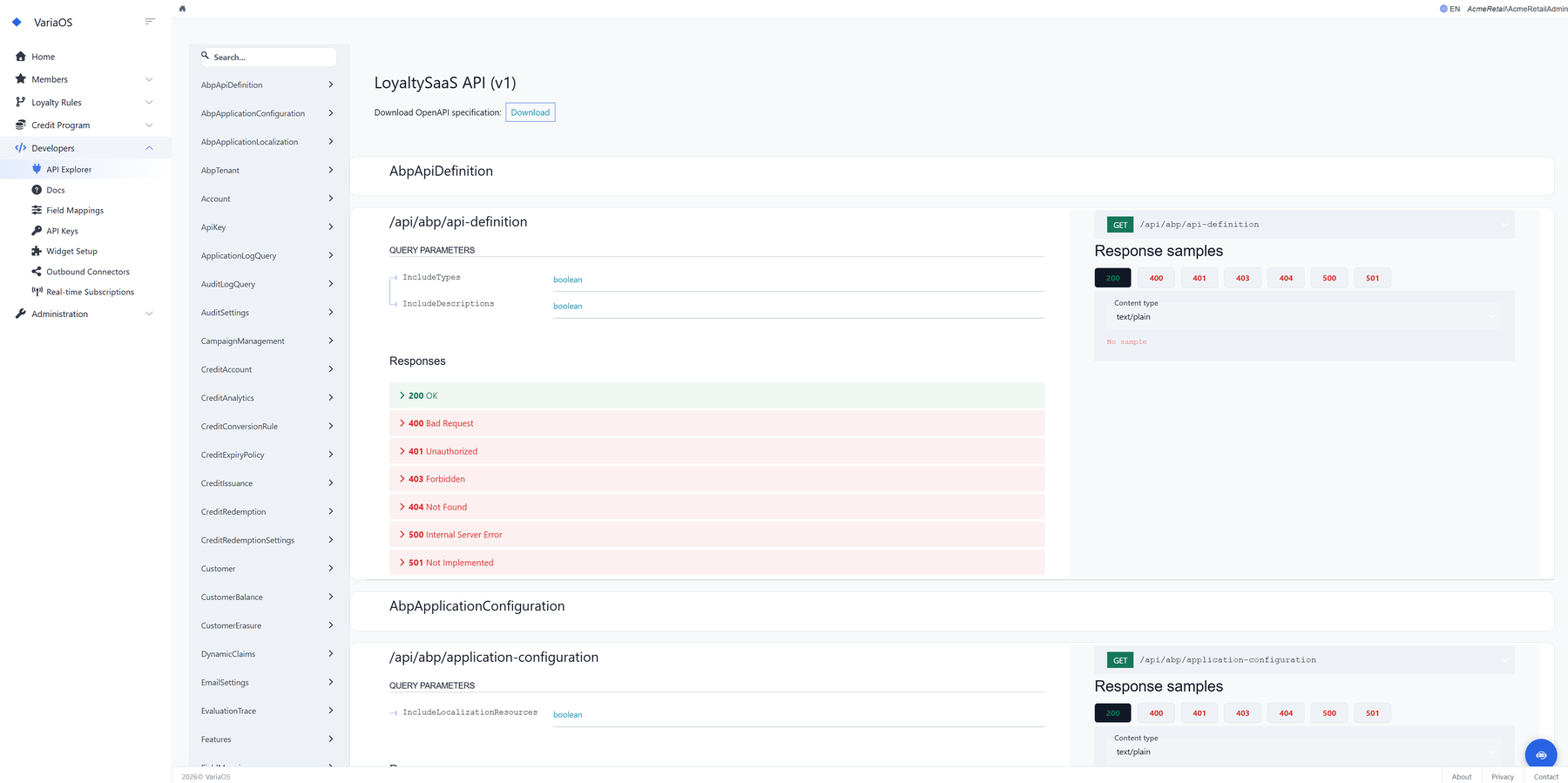 In-portal API explorer showing endpoints, parameters, and response codes with OpenAPI download