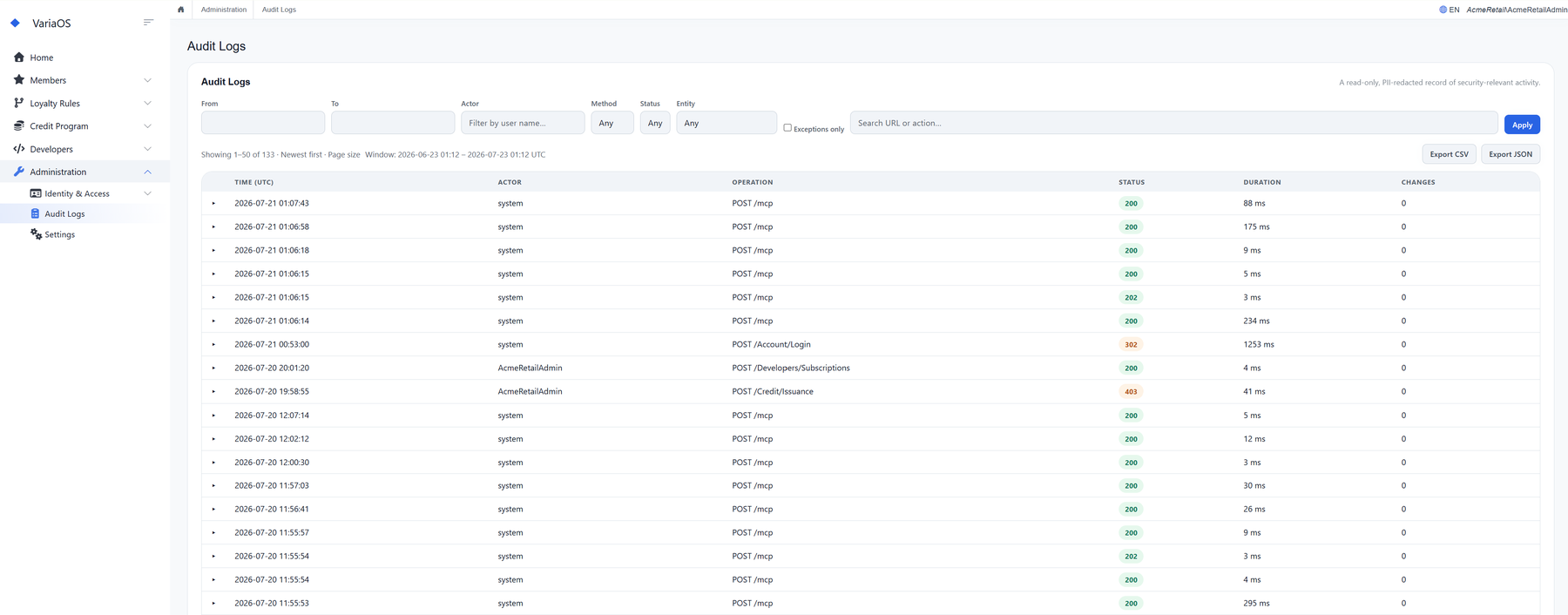 Audit log viewer: read-only PII-redacted entries with filters and CSV/JSON export