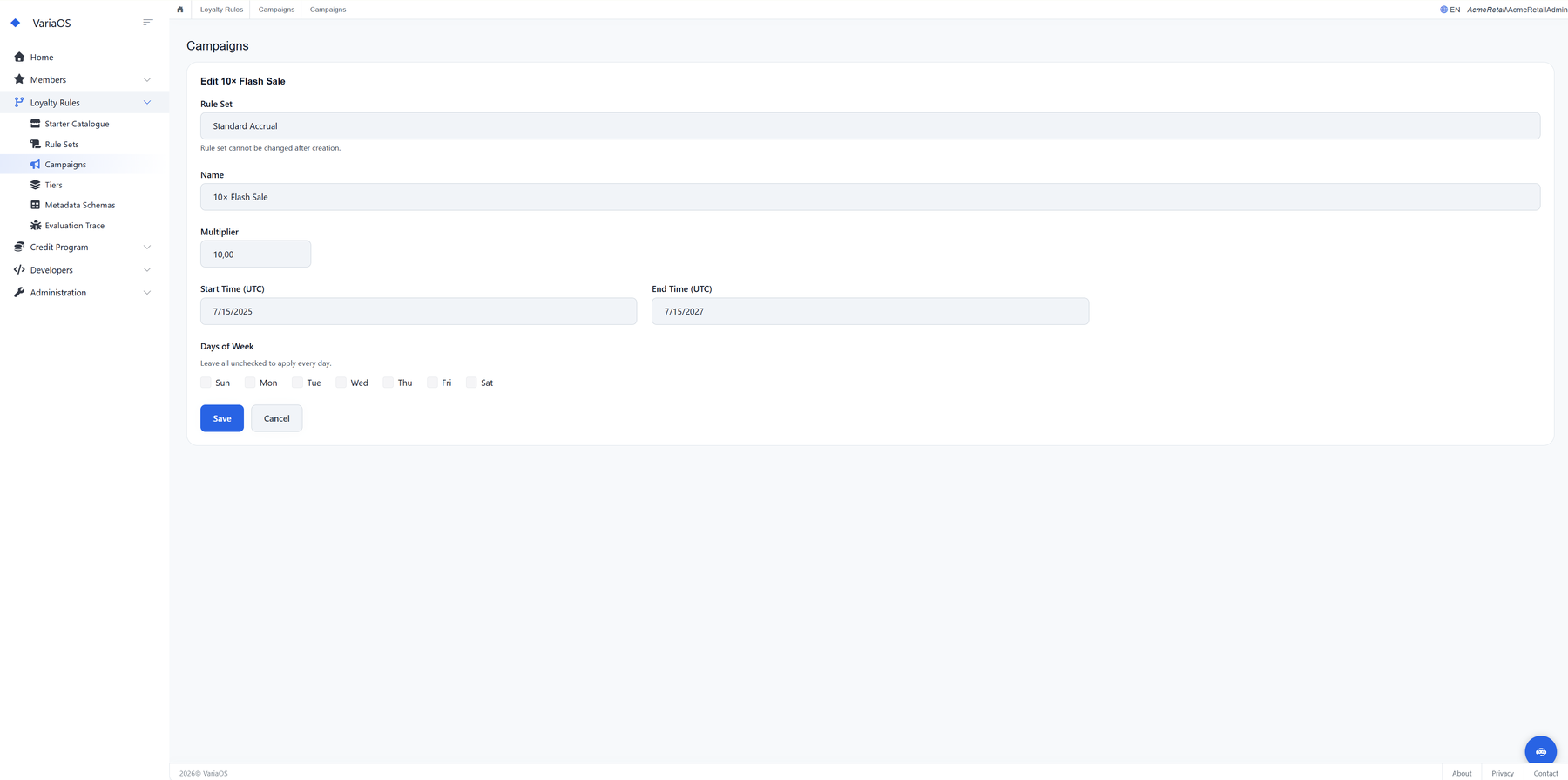 Campaign editor: a 10x multiplier flash sale with a time window and day-of-week targeting