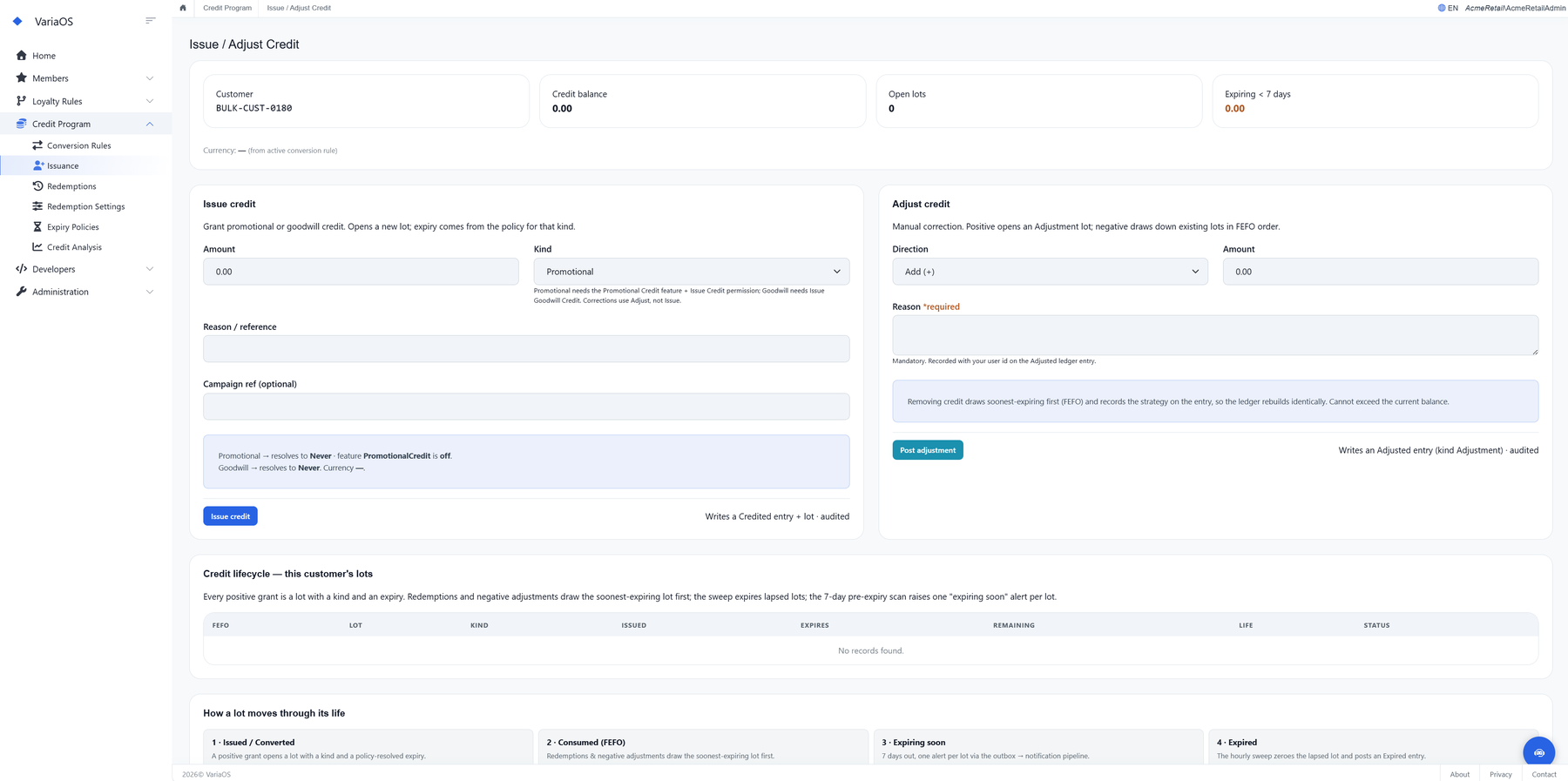 Issue and adjust credit screen with typed lots and FEFO drawdown