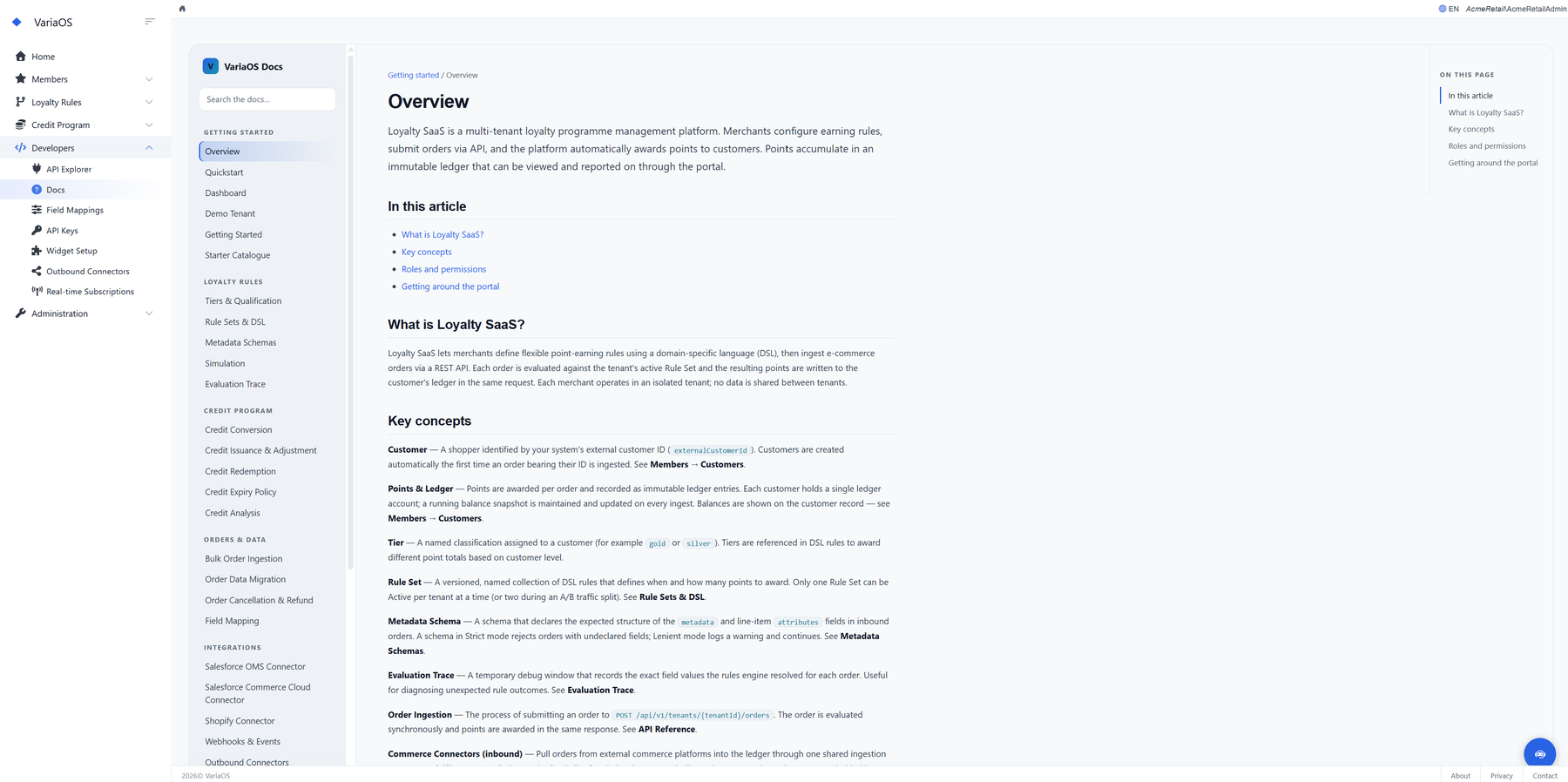 In-portal developer documentation: concepts, quickstart, connectors, per-feature guides